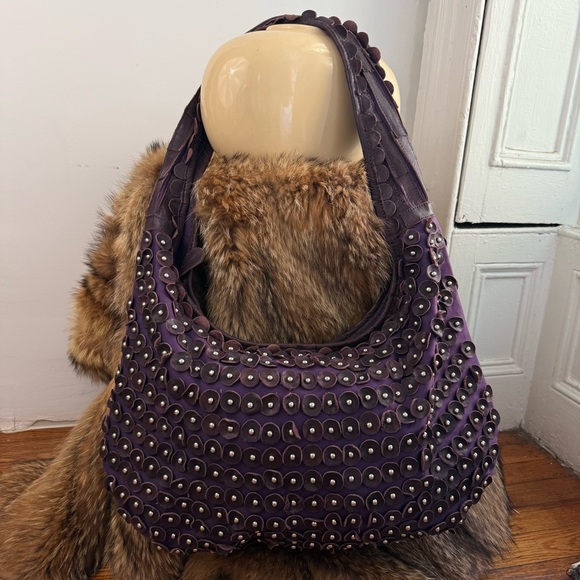 other Handbags - Large hobo leather crossbody purple with leather circle cutouts with metal studs